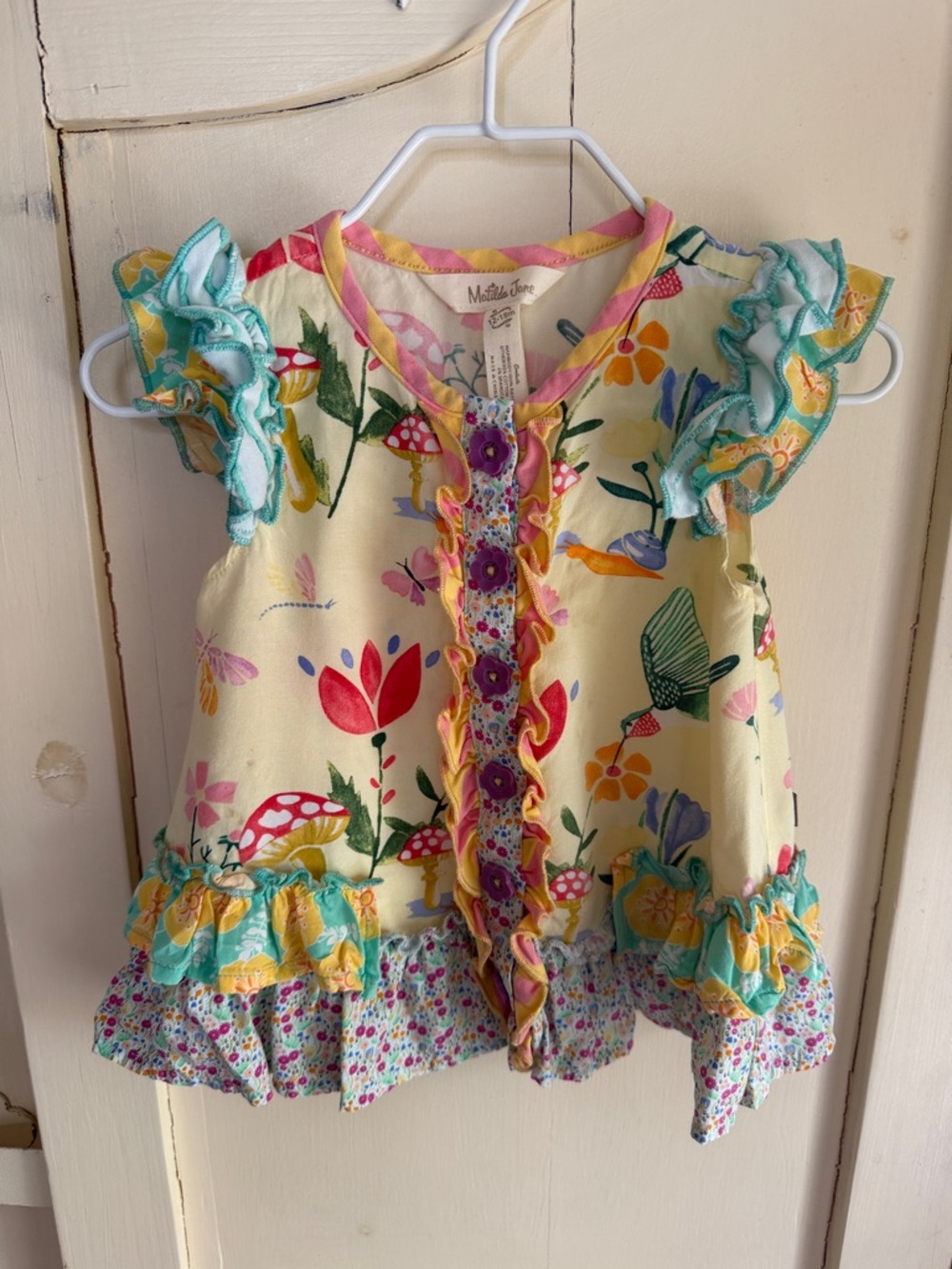Matilda Jane Yellow Floral Top with Teal Ruffles 12/18
